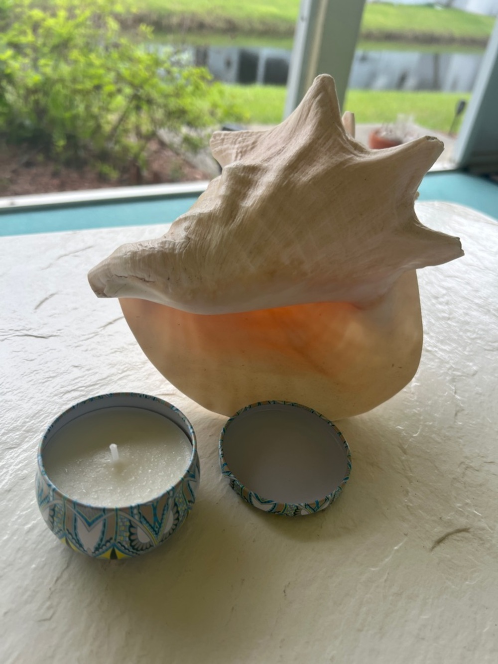 #1706** Natural Conch Shell Accent in Cream with Decorative Candle